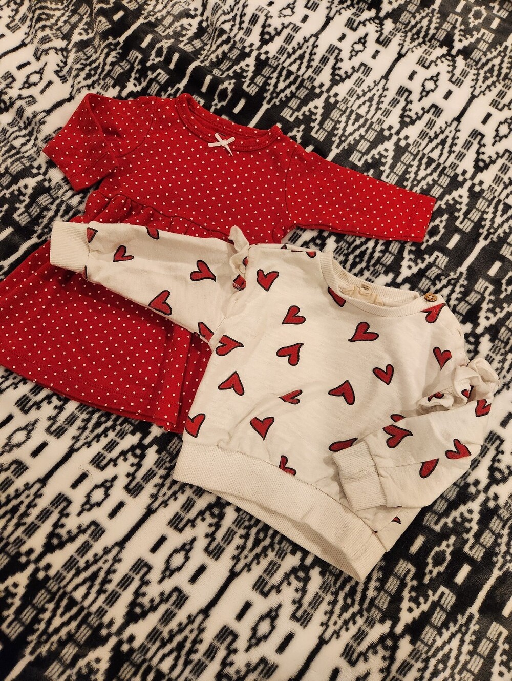 Girls Red Polka Dot Dress & Cream Heart Sweatshirt Set, Size 3-6M & 6-9M
